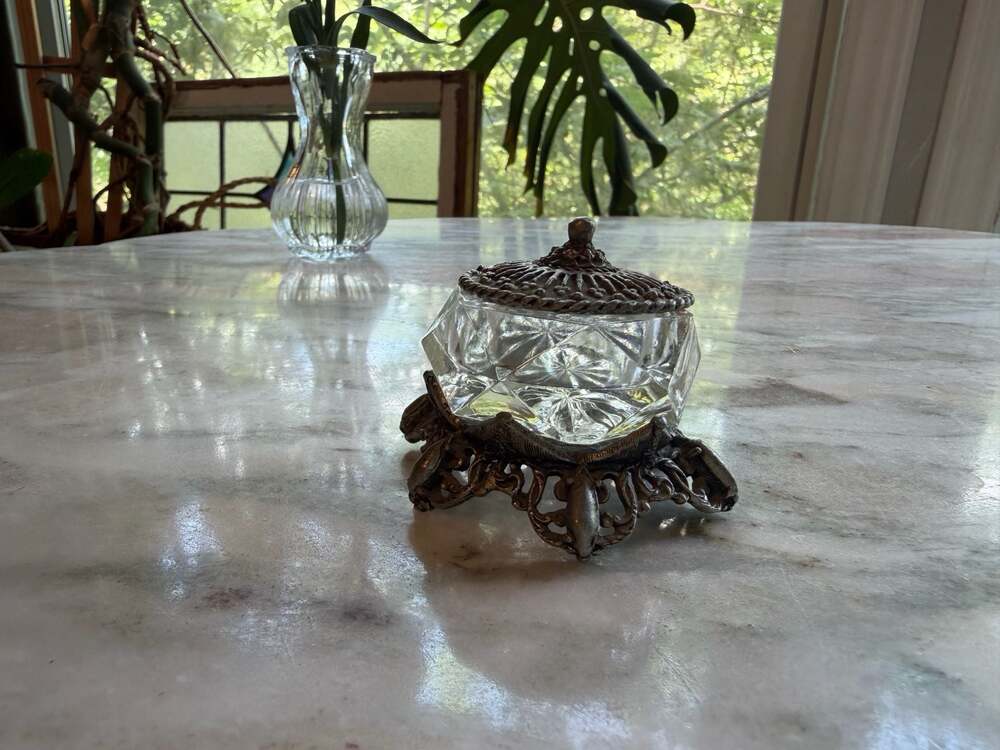 Vintage Cut Glass Trinket Dish with Ornate Filigree Metal Base and Lid